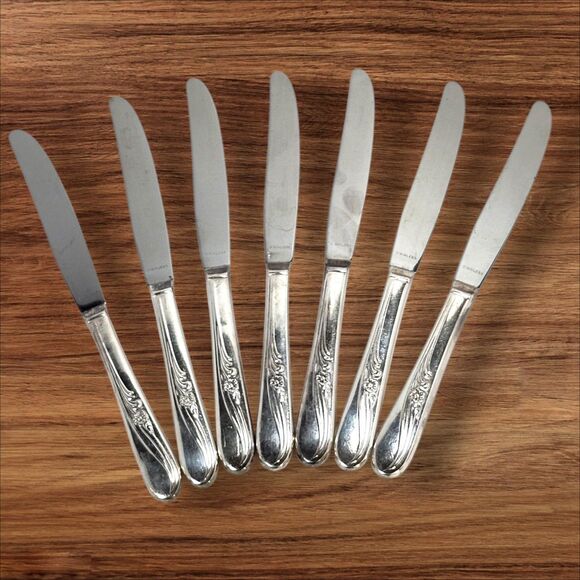 H&T MFG Co Vintage 1940 Meadow Flower Silver Plated Dinner Knives Set of 7 - Picture 1 of 4